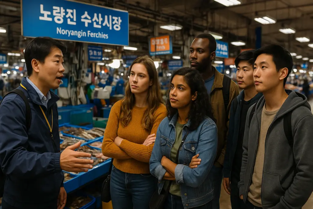 Guides and foreigners explaining at Noryangjin Fish Market