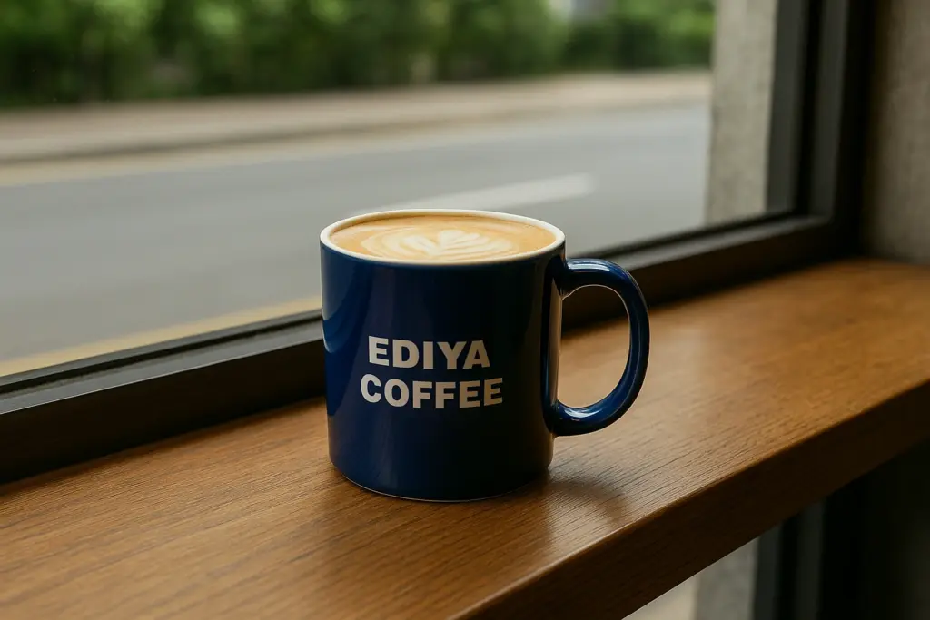 Vanilla latte in a blue Ediya mug near a window